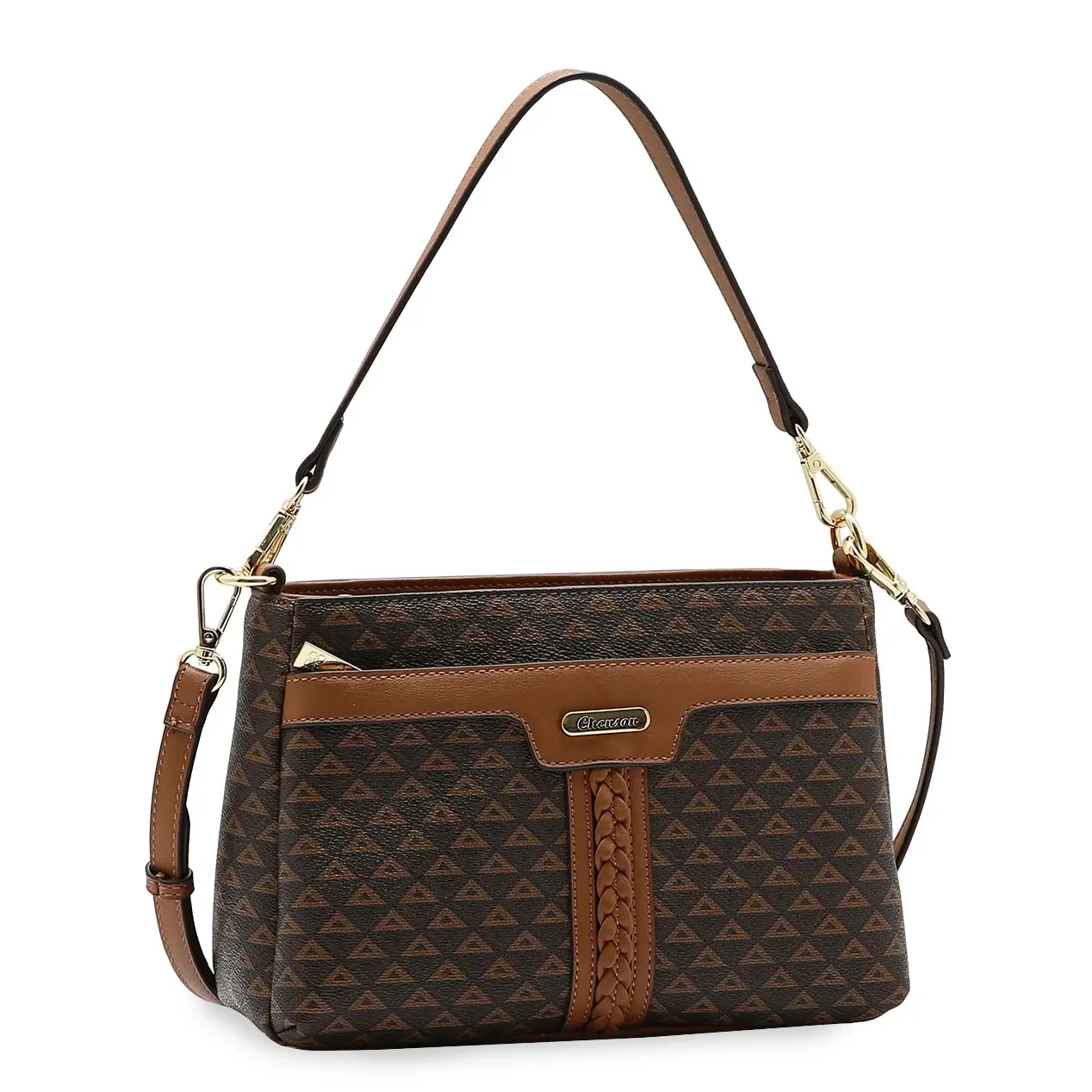 Bolsa feminina Chenson New Elemento Gráfico em tom café com estampa geométrica e detalhes metalizados, vista frontal
